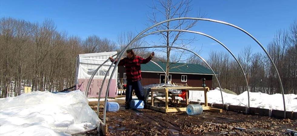 setting up the hoops for the hoop house